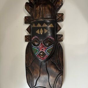 Vintage Handcrafted Wood Brass African Tribal Mask